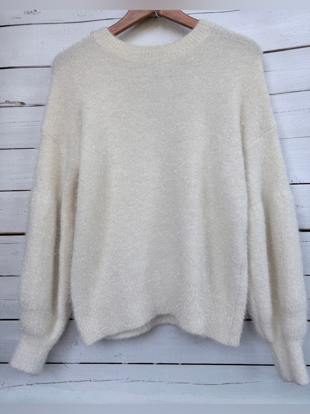 Anna Grace Fuzzy Eyelash Knit Balloon Sleeve Crewneck Sweater Size Small